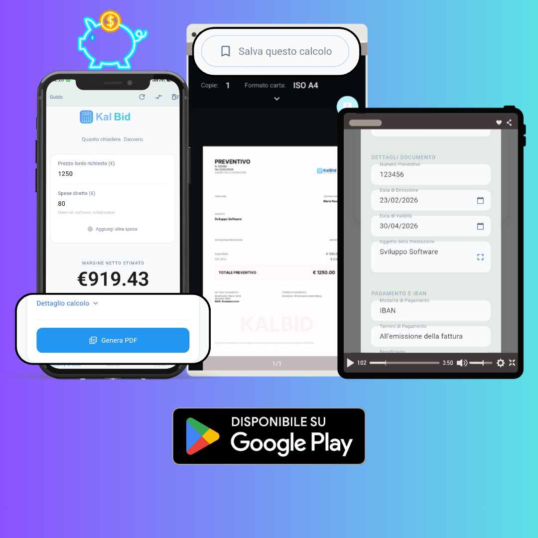 KalBid software preventivi per freelance e Partite IVA su Android - calcolo del margine netto e preventivi PDF professionali